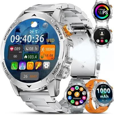 Smartwatch Herren Militär mit 1000mAh Akku, 1,75" HD Display, LED Taschenlampe, Bluetooth Anrufe, 130+ Sportmodi, Herzfrequenz,Schlafmonitor,IP68