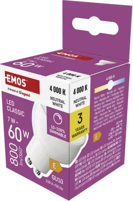 LED žárovka Classic MR16 / GU10 / 7 W (60 W) / 800 lm / neutrální bílá / stmívatelná