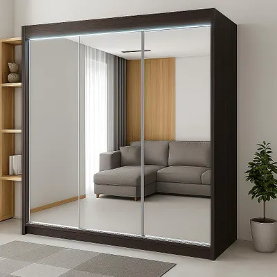 Obrázek produktu pro Třídveřová posuvná skříň RIO-1 180 x 215 cm, wenge – zrcadlové čela, v balení police, tyče, LED osvětlení, funkčnost a styl v jednom