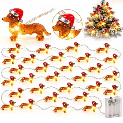 Produktbild von LED Weihnachtslichterkette mit Dackeln und Weihnachtsmützen, 50 warmweiße LEDs, Kupferdraht, Batteriebetrieb, Dauerlicht und Blinklicht
