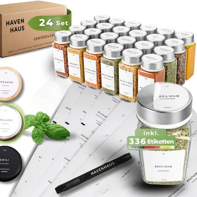 Produktbild von Gewürzgläser Set Edelstahl | 24xGewürzgläser mit Edelstahl Deckel & weißen Gewürzetiketten | Gewürz Organizer mit 336 hochwertigen deutschen Etiketten