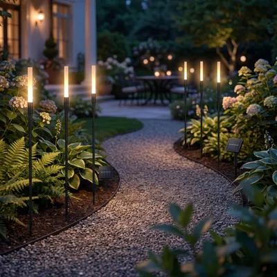 Image de Lampes solaires LED pour jardin, lot de 6 piquets lumineux, blanc chaud 3000K, avec capteur crépusculaire, étanches (IP44), pour allées, balcons et terrasses