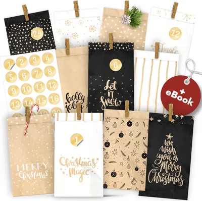 A collection of Christmas-themed paper bags, some with numbers and festive designs, clipped to a white background.