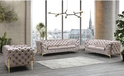 Produktbild von S-STYLE MÖBEL - Chesterfield Polstergarnitur 3+2+1 Nova mit Goldene Metall Füßen aus Dunkle Creme Samtstoff, B/T/H: 3er - 243 cm/ 100 cm/ 75 cm