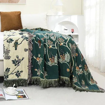 Produktbild von Unyqoos® Baumwolldecke 100% Baumwolle 200 x 230 cm – Boho Wohndecke mit Vogel- und Blumenmuster, Ganzjahres Bettüberwurf & Sofa-Plaid