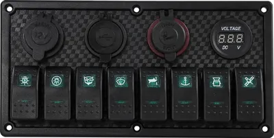 Produktbild von LED Schaltpanel - 8-fach - DC 12–24 V - USB 3,1 A - 15A Sicherung - IP65 wasserdicht - Für Boot Wohnmobil LKW - Schwarz/Grün