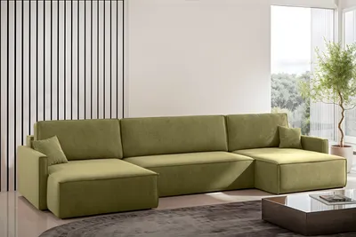 Image de Canapé d'angle Carlos en U avec fonction sommeil et coffre de lit Tissu Salvador Olive