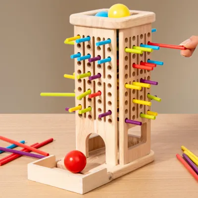 Produktbild von Montessori Holz-Brettspiel – 3-in-1 mit 40 bunten Stäbchen, Turm & 5 Bällen – Kreatives pädagogisches Logikspiel für 1-6 Spieler
