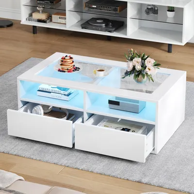 Produktbild von Merax Couchtisch mit LED und Glasplatte, Wohnzimmertisch mit 2 Schubladen, moderner Sofatisch zweistufiges Design mit offener Stauraum, Weiß