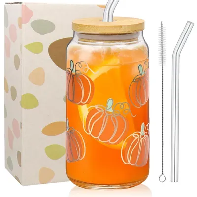 Image de Verre décoratif pour Halloween, 500 ml, avec couvercle et paille, forme citrouille, en verre borosilicaté
