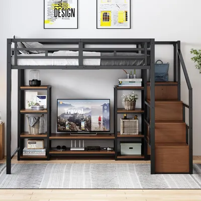 Produktbild von okwish Hochbett 140x200 Jugendbett ohne Matratze,Bettgestell mit TV-Ständer und Aufbewahrungsleiter,Metallbett mit Steckdose und  praktischem Stauraum, schwarz