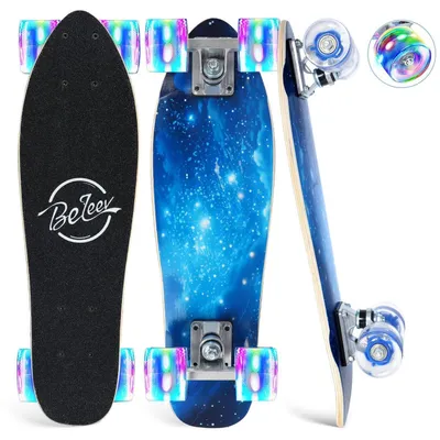 Produktbild von Komplettes Skateboard 22 Zoll Mini Cruiser mit LED Leuchtrollen und T-Tool für Kinder Jugendliche Erwachsene Anfänger Black Blue