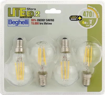 Immagine prodotto di Beghelli Sfera Liteled.2 Lampadine LED E14 4W 470lm 2700K Bianco Caldo 4 pezzi