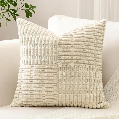Immagine prodotto di Copertura per cuscino in tessuto a coste, motivo a righe, color beige, 50x50 cm, confezione singola