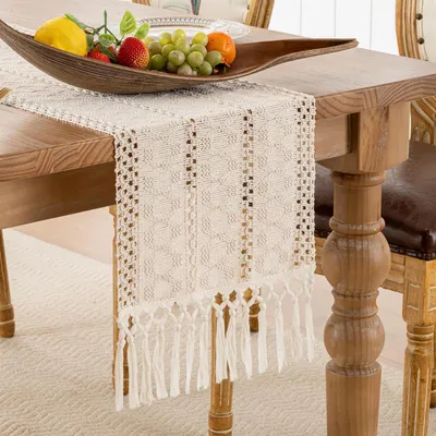 Immagine prodotto di Runner da tavolo in macramè, color beige, 30x180 cm, in cotone, lino e poliestere, con frange