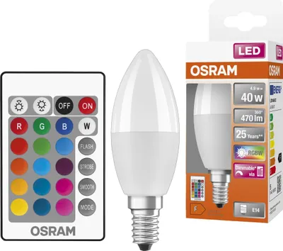 A product shot of an Osram LED candle light bulb and its remote control, along with its packaging.