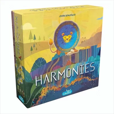 A box for the board game Harmonies, featuring a stylized lion and a colorful landscape.