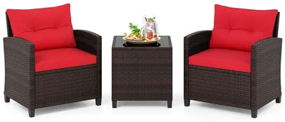 Produktbild von COSTWAY Gartenmöbel Set Polyrattan, 3-tlg. Balkonmöbel Set inkl. 2 Sessel, Kissen & Tisch mit gehärteter Glasplatte, wetterfeste Sitzgruppe 2 Personen