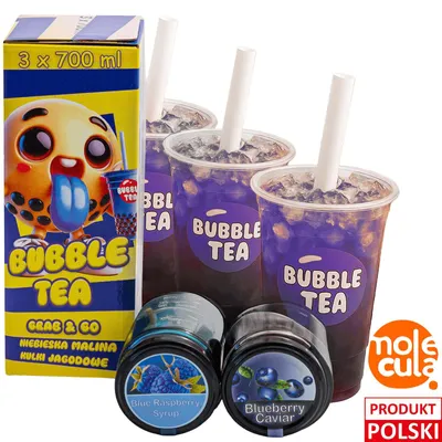 Zdjęcie produktu dla Bubble Tea Zestaw Grab&Go - kulki jagoda + syrop niebieska malina + kubki + słomki - herbata bąbelkowa