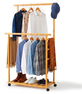 Produktbild von Relaxdays Kleiderständer mit Rollen, Bambus, 2 Kleiderstangen, Schuhablage, HBT: 148 x 80 x 36 cm, Rollgarderobe, natur