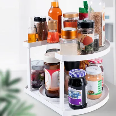 Produktbild von Gewürzregale, 2 Etagen Küchenregal, Drehteller, Drehbares Organizer, Gewürzhalter, 360° Drehbar, 4 einstellbare Höhen, Küchenorganizer, Weiß