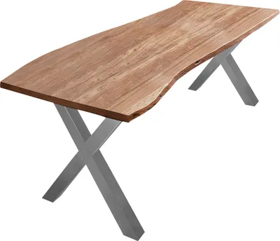 Produktbild von Esstisch Baumkante massiv Akazie natur 220 x 100 X-Gestell silber XANTEN