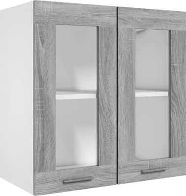 A close-up, front-facing view of a two-door wall cabinet with glass fronts.