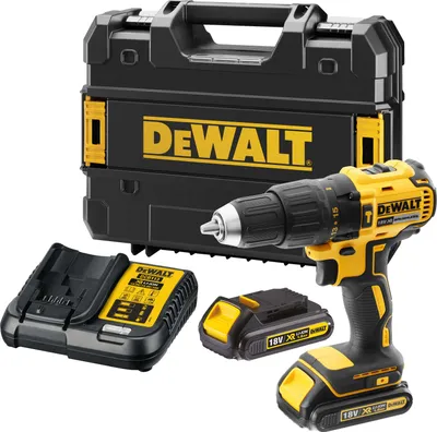 A DeWALT cordless drill set with accessories on a white background.