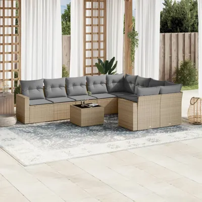Produktbild von Design 10-tlg. Garten-Sofagarnitur mit Kissen Beige Poly Rattan, Gartensofas 2024 Neu
