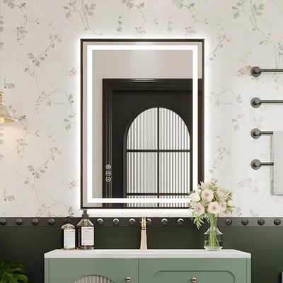 Immagine prodotto di Specchio da bagno a LED, 50 x 70 cm, cornice in alluminio nero opaco, 3 tonalità di luce, dimmerabile, funzione antiappannamento, funzione di memoria