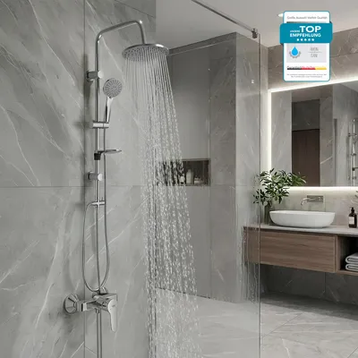 Produktbild von GROHE Duscharmatur BauEdge, Duschsystem mit Einhandarmatur und BELVIT Brause, Duschstange & 1,5 m Schlauch, Chrom mit Seifenschale, mit Regendusche