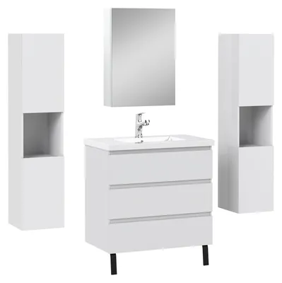 Image de Acezanble Ensemble Meuble salle de Bain avec Vasque, 79cm, 3 Tiroirs + miroir de rangement + 2 colonnes 131.5cm, Blanc Suspendu