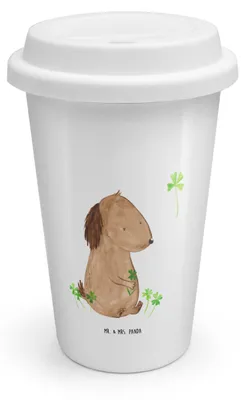 Produktbild von Mr. & Mrs. Panda Keramikbecher Hund Kleeblatt - Weiß - Geschenk, To Go Becher, Thermobecher, Isolierbecher, ToGo Kaffeebecher, Sprüche, Süß, Viel Glück, Motivation