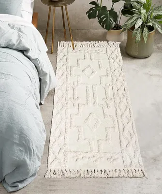 Boho-Läufer aus Baumwolle, waschbar, 60 x 130 cm, beige