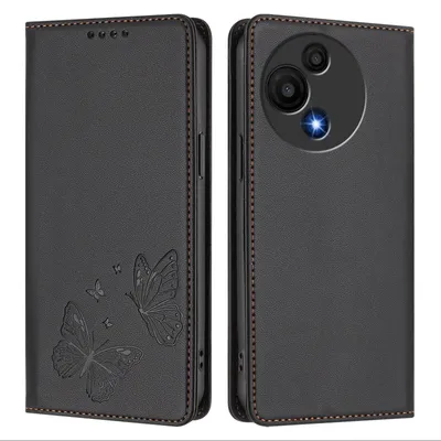 Image de Étui en cuir pour TCL 605 / TCL 60 SE, motif papillon, étui à rabat avec porte-appareil, noir