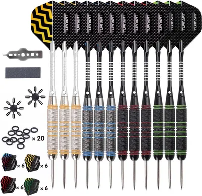 Produktbild von Turnart Profi Steel Darts Set 12 Stück 24g - Metallspitze, Aluminium Schaft, 24 Flights, Gummiringe