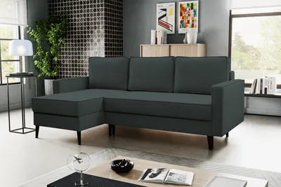 Zdjęcie produktu dla BESILIO Narożnik rozkładany trzyosobowy 227 cm Kebbo - Narożnik z funkcją spania i pojemnikiem na pościel, Tkanina miękka-ciemnoszary & Curio 97, Lewy