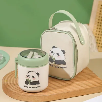 Produktbild von Frühstückstasse,530ml Thermo Lunchbox aus Edelstahl mit Griff,Löffel und Pandaaufkleber verschicken,Wärmedämmtasche sendenm,Grün