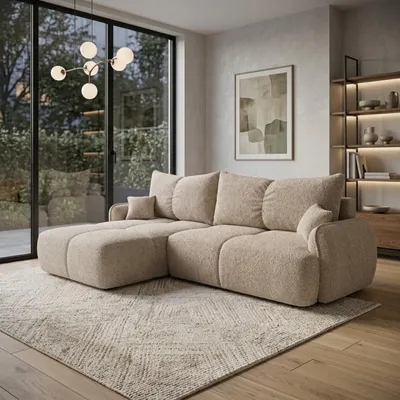 Produktbild von Ecksofa mit Schlaffunktion LOBINO DL-Automat, L-Form, weiche Polsterung, gesteppte Kissen, Bettkasten Bouclé-Schlafsofa Dunkelbeige Links