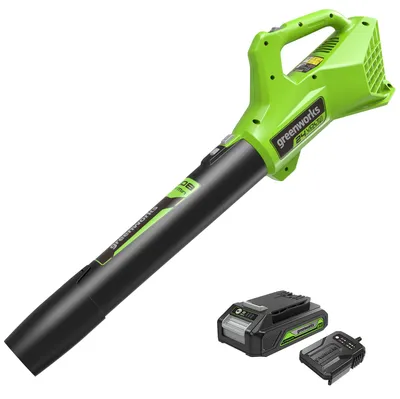 Obrázok produktu pre Greenworks G24ABIIK2, akumulátorový fúkač lístia s axiálnym motorom, rýchlosť prúdu vzduchu 145 km/h, objem vzduchu 9,08 m³/min, 24V akumulátor a nabíjačka