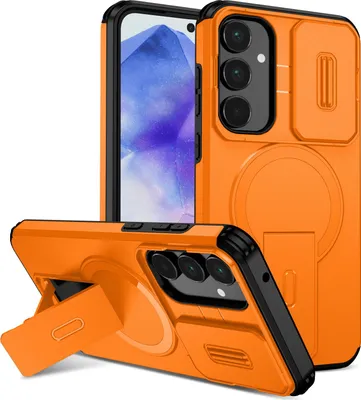 A product shot of an orange phone case with a kickstand and camera cover, displayed from multiple angles.