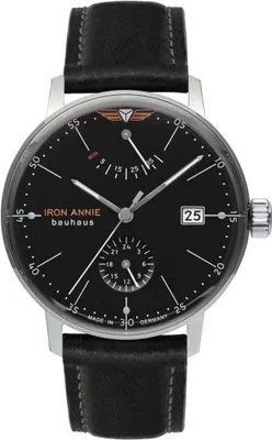 A close-up studio shot of a men's wristwatch with a black dial and a black leather strap.