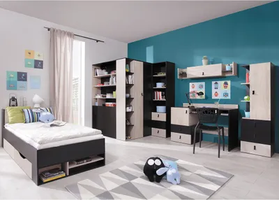 Produktbild von Jugendzimmer Set 6-teilig PITTSBURGH-133 mit Jugendbett 90x200 in schwarz mit Eiche und beige