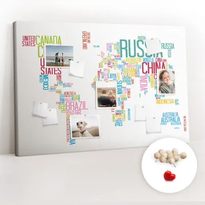 Obrázok produktu pre Korková tabuľa Tabuľa na poznámky Tabuľa na špendlíky - učebná pomôcka 120x80 cm - 100ks drevených kolíkov - Mapa s názvami krajín
