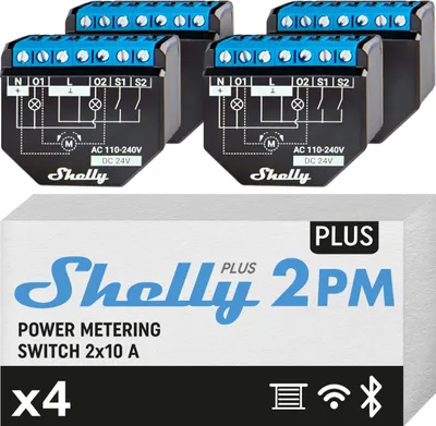Immagine prodotto di Shelly Plus 2PM: relè Wi-Fi intelligente a 2 canali per la domotica