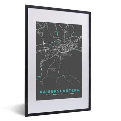Produktbild von MuchoWow® Gerahmtes Poster Karte - Kaiserslautern - Blau - Stadtplan - Deutschland 40x60 cm - Poster mit Schwarzem Bilderrahmen Wandposter Rahmen Foto Bilder - Poster in Rahmen