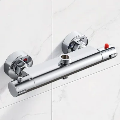 Produktbild von Thermostat-Duschmischer mit 2 Ausgängen, Thermostatmischer für Dusche und verchromte Säule, Verbrühungsschutz-Duscharmatur aus Messing, oben 3/4" BSP (26,4 mm) + unten 1/2" BSP (21 mm)
