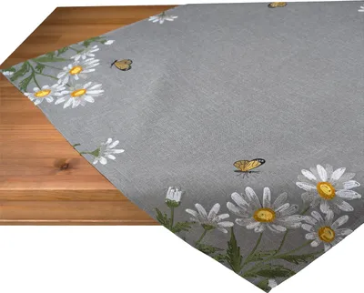 Produktbild von heimtexland ® Tischdecke Leinen-Optik bestickt Deko Esszimmer Serie Margariten Blumen Tischwäsche grau Stickerei Schmetterling Tischdeko Frühling Typ886 Mitteldecke 85x85 cm weiß gelb