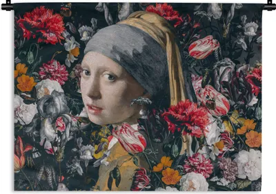 Produktbild von MuchoWow® Wandteppich Wandbehang Das Mädchen mit dem Perlenohrring - Blumen - Johannes Vermeer 60x45 cm Tapisserie Dekoration Wandtuch - Das Schlafzimmer