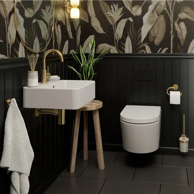 Produktbild von Lenz Gästebad-Set PERFECT FIT 8-teilig Gold – Wand-WC inkl. WC-Sitz mit Absenkautomatik, Waschtisch, sparsame Armatur, Siphon & Badaccessoire-Set